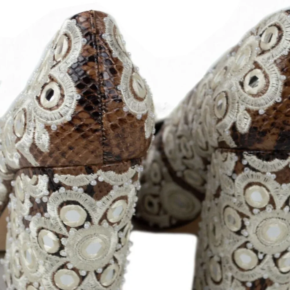 Tory Burch Francesca Pointy Toe Lacey Snake Print Block Heel Pump